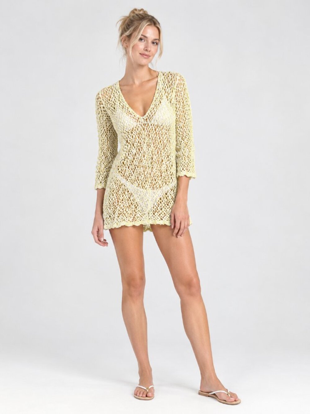 2/$30 J. Jill Open-knit V-neck Crochet Tunic Coverup Top 3/4 Sleeve Large #A4718